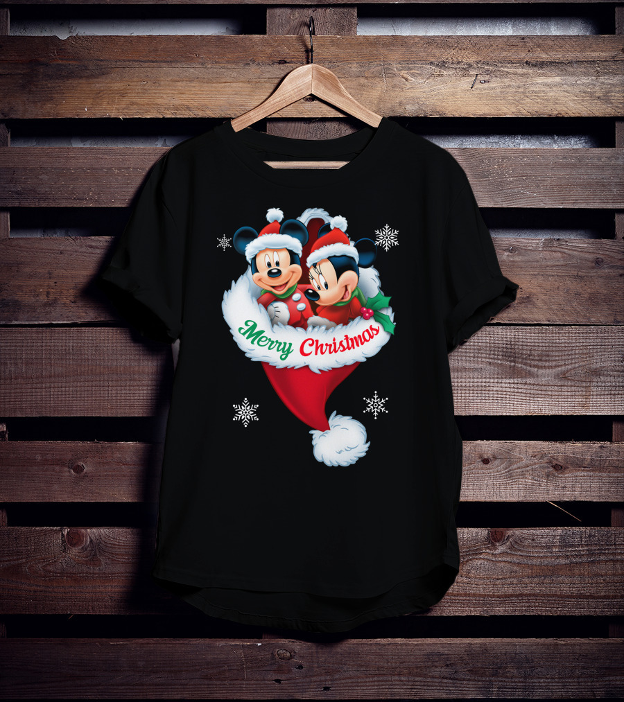Merry Christmas Mickey Minnie Santa Hat Snowflakes T-Shirt