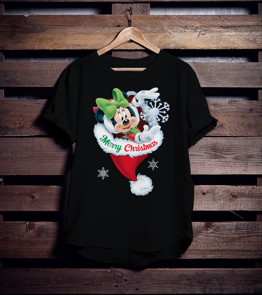Minnie Mouse Merry Christmas Santa Hat Snowflakes T-Shirt