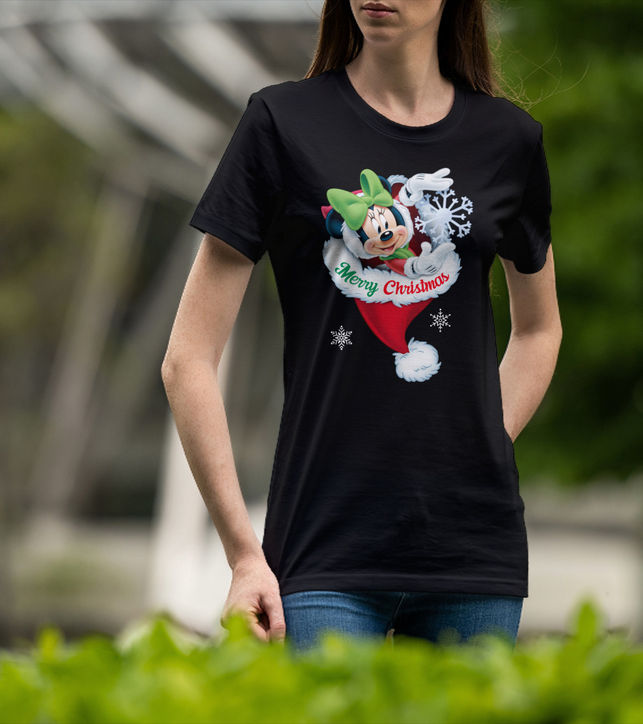 Minnie Mouse Merry Christmas Santa Hat Snowflakes T-Shirt
