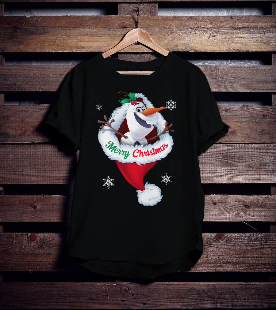 Olaf Merry Christmas Santa Hat With Snowflakes T-Shirt
