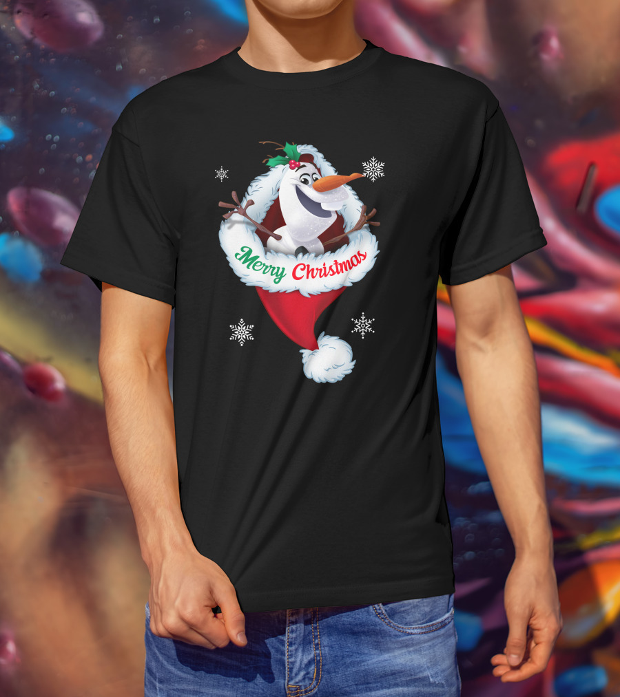 Olaf Merry Christmas Santa Hat With Snowflakes T-Shirt