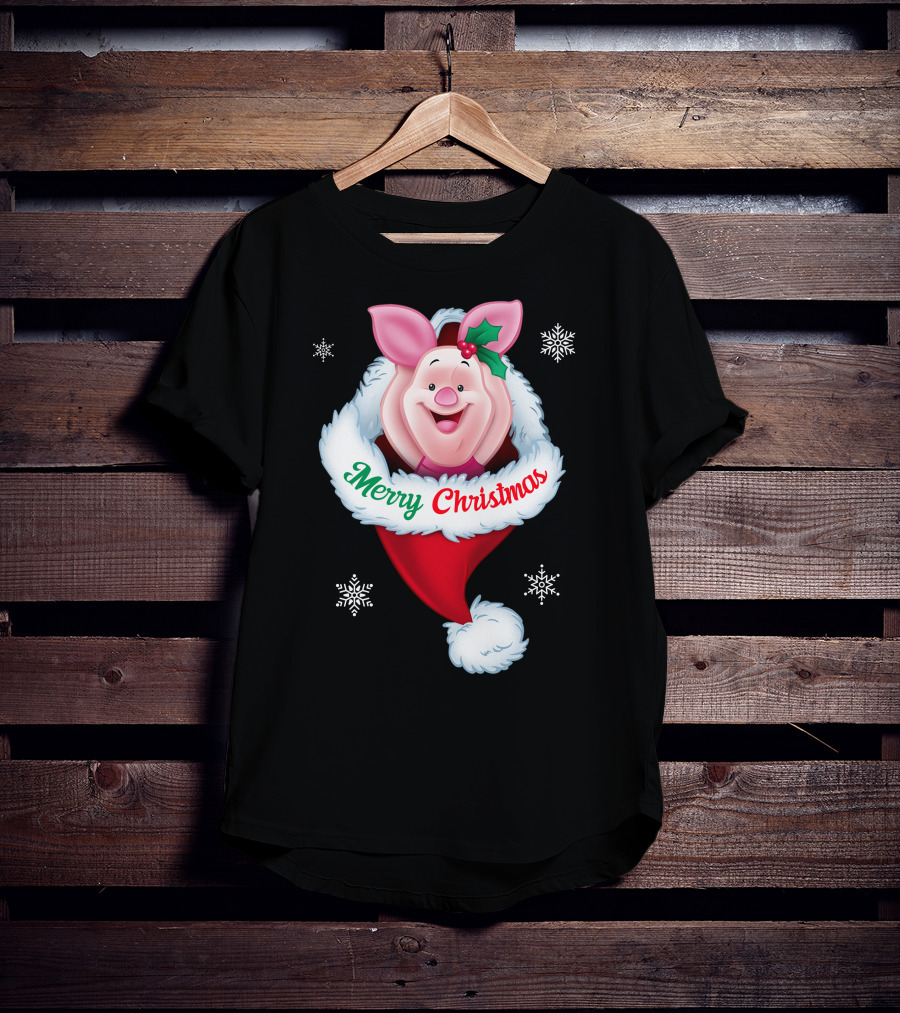 Piglet Merry Christmas Holiday Santa Hat Snowflakes T-Shirt