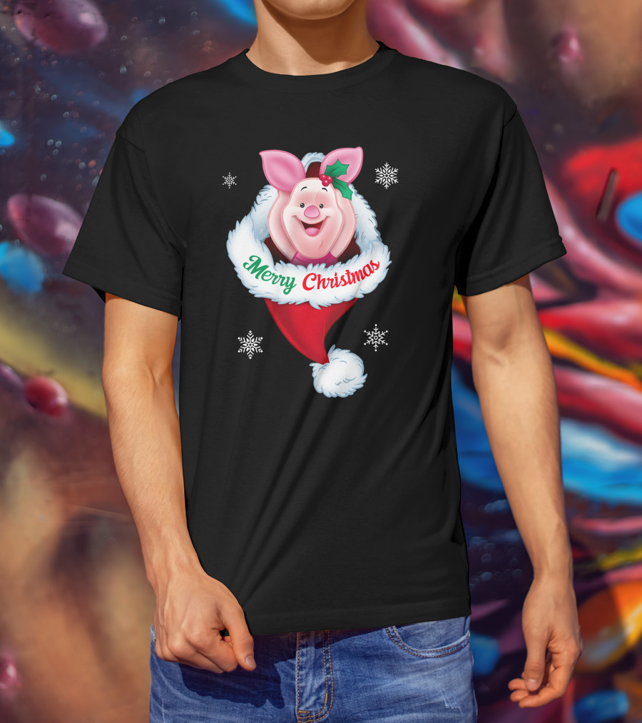 Piglet Merry Christmas Holiday Santa Hat Snowflakes T-Shirt