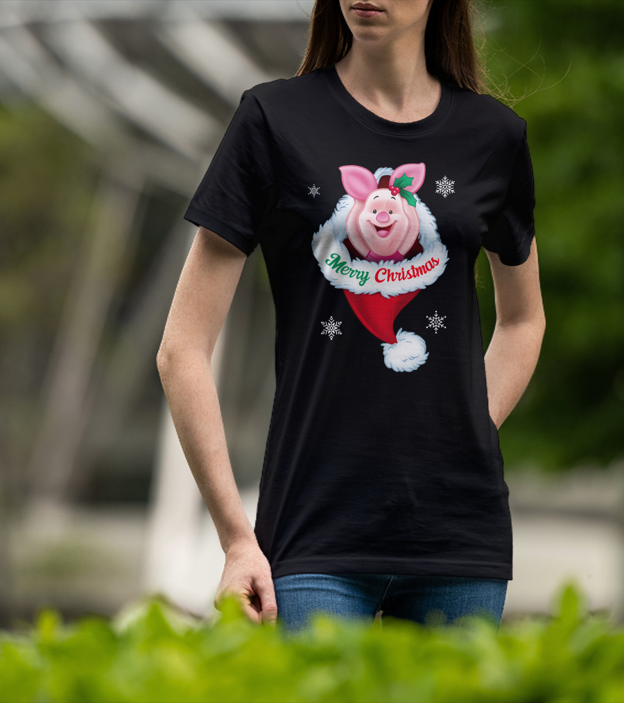 Piglet Merry Christmas Holiday Santa Hat Snowflakes T-Shirt