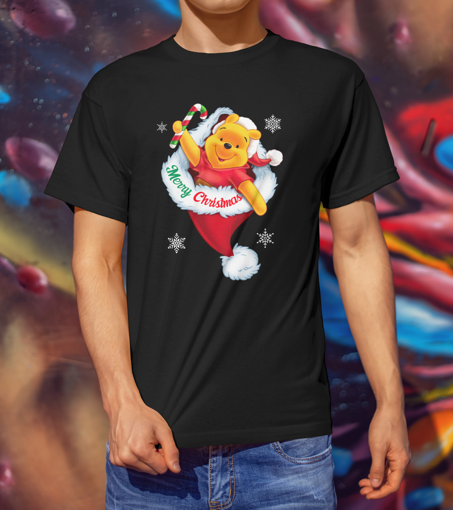 Winnie The Pooh Merry Christmas Santa Hat Candy Cane T-Shirt