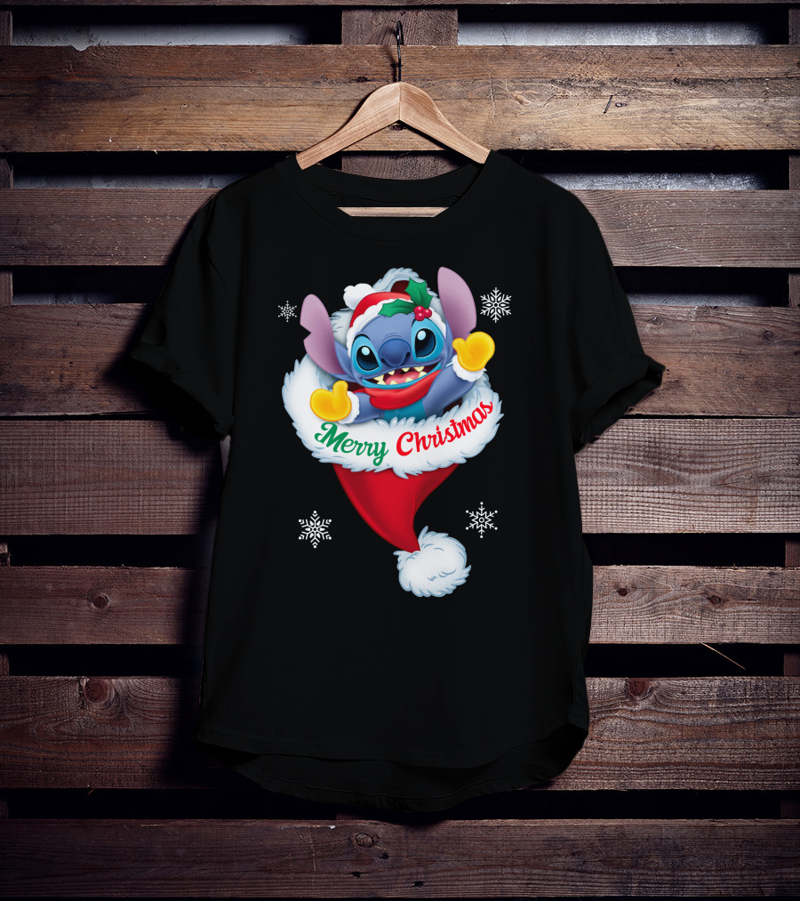 Merry Christmas Stitch Santa Hat Snowflakes T-Shirt