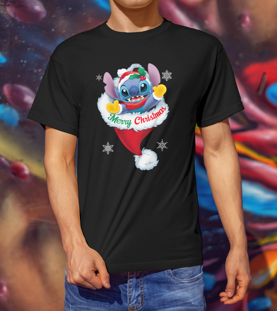 Merry Christmas Stitch Santa Hat Snowflakes T-Shirt
