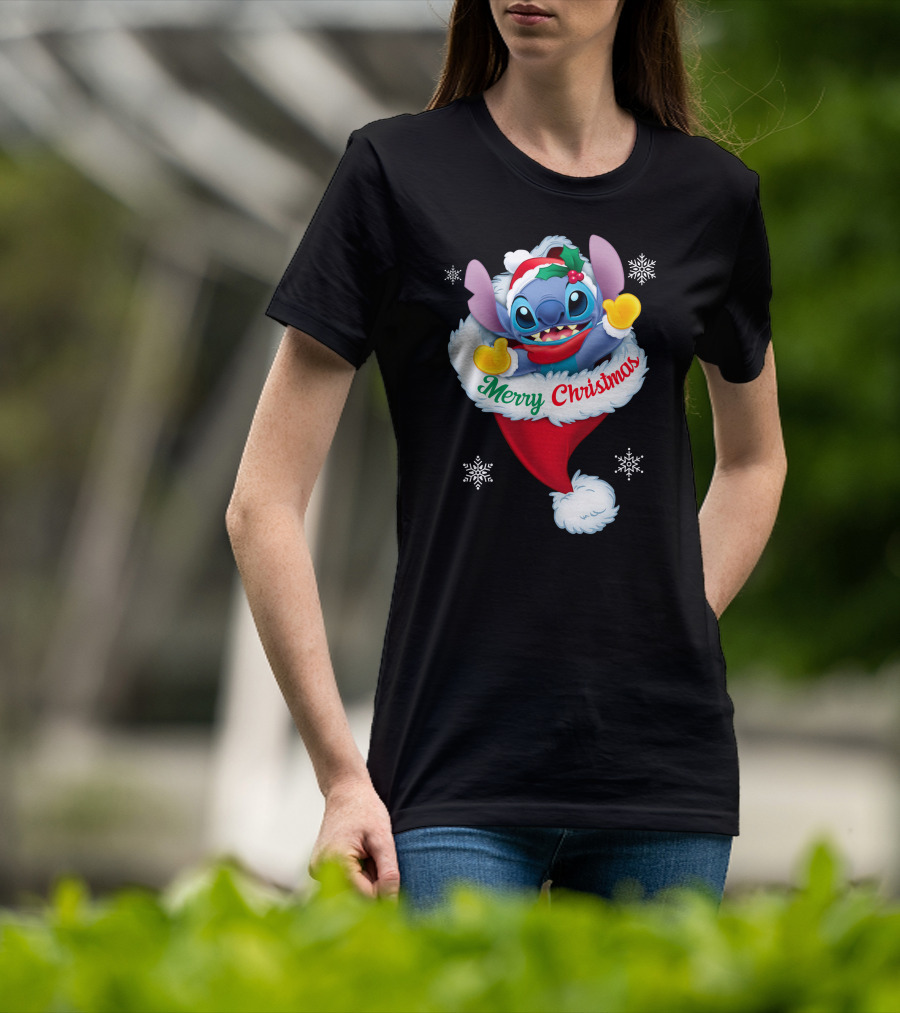 Merry Christmas Stitch Santa Hat Snowflakes T-Shirt
