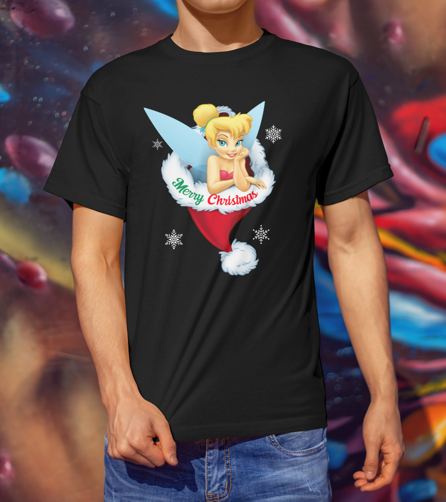 Tinkerbell Merry Christmas Santa Hat Snowflakes T-Shirt