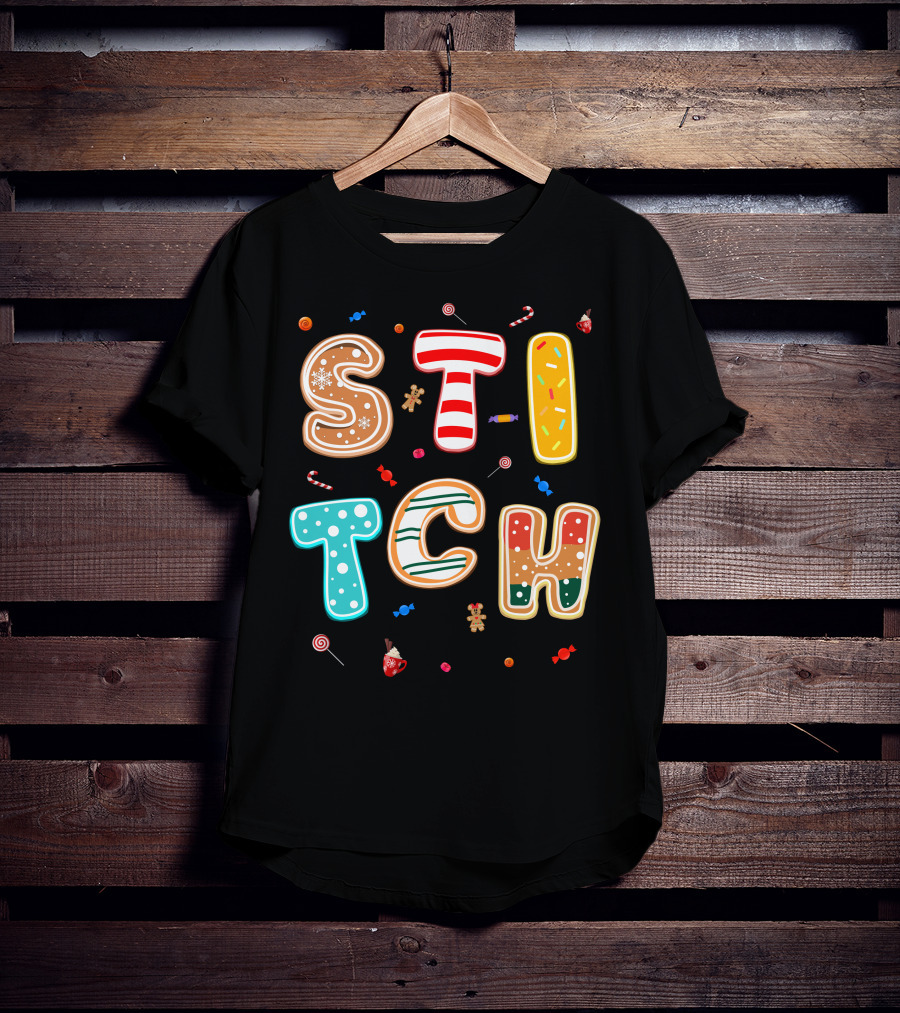 Stitch Gingerbread Candy Cane Christmas Letters T-Shirt