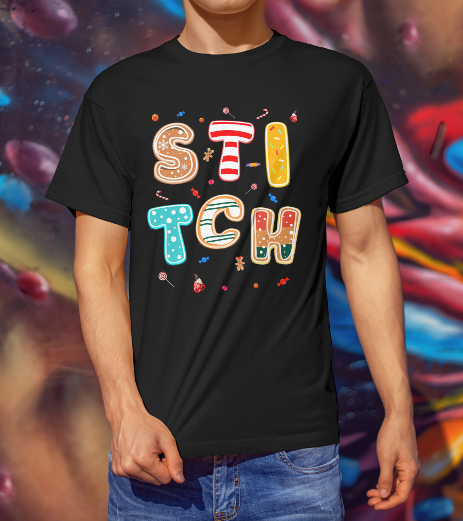 Stitch Gingerbread Candy Cane Christmas Letters T-Shirt