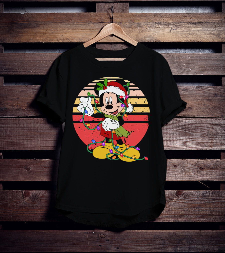 Mickey Christmas Lights Santa Hat Retro Holiday T-Shirt