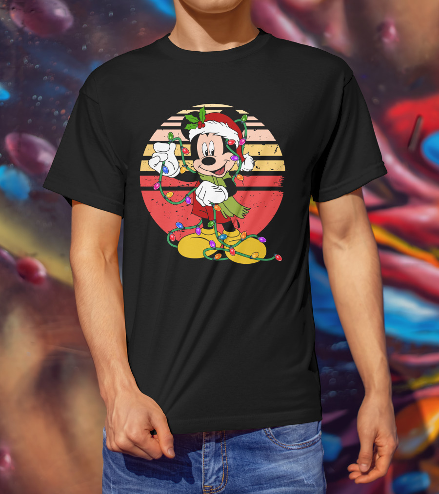 Mickey Christmas Lights Santa Hat Retro Holiday T-Shirt