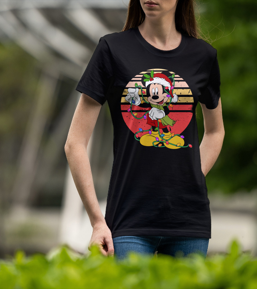 Mickey Christmas Lights Santa Hat Retro Holiday T-Shirt