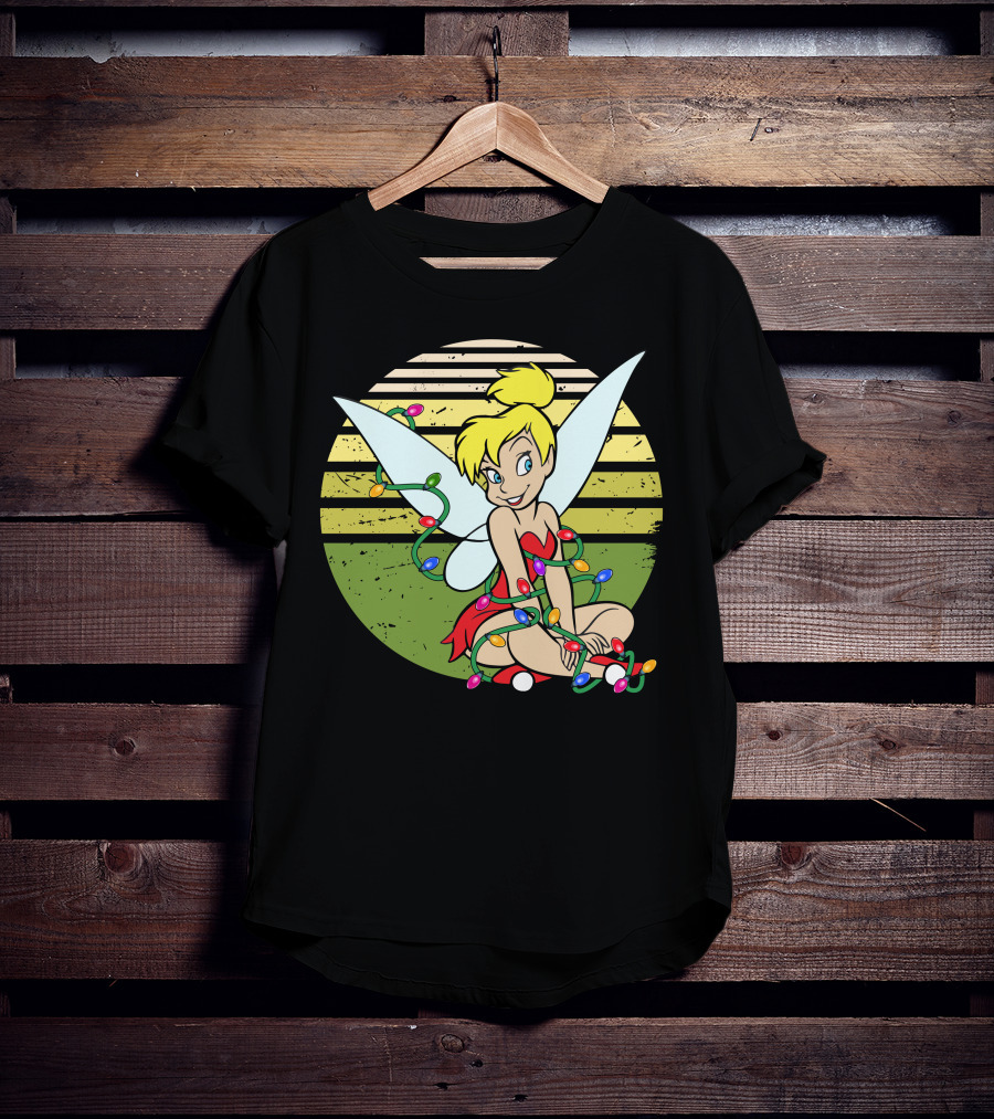 Tinkerbell Wrapped In Christmas Lights Sitting With Retro T-Shirt