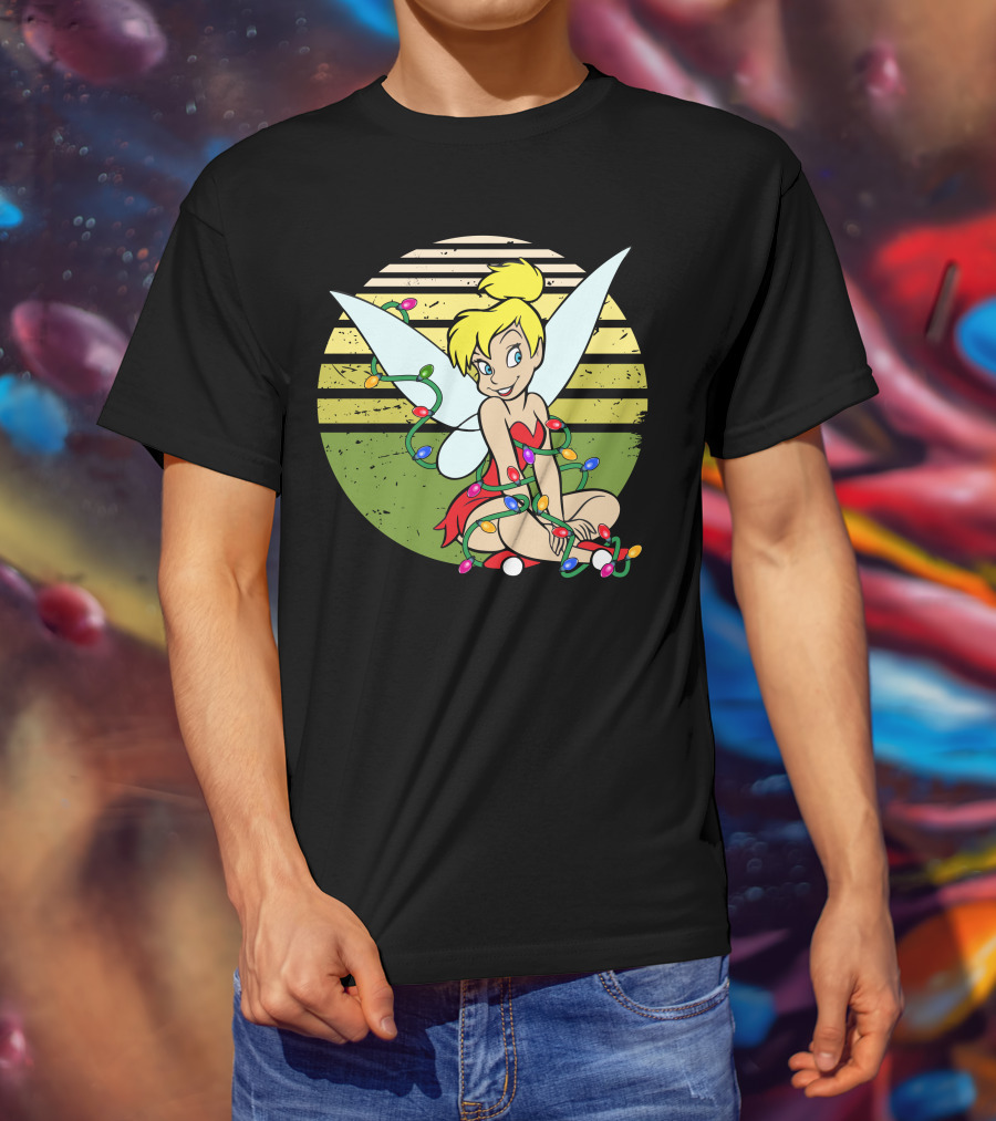 Tinkerbell Wrapped In Christmas Lights Sitting With Retro T-Shirt