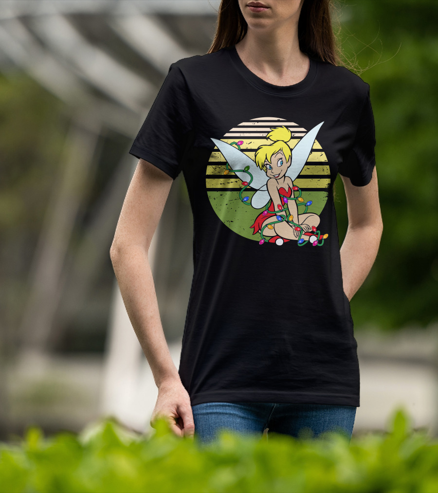 Tinkerbell Wrapped In Christmas Lights Sitting With Retro T-Shirt