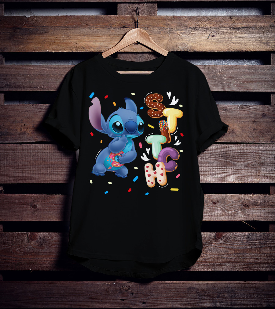 Stitch Donut Letter Sprinkles And Cute Blue Alien Character T-Shirt