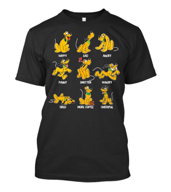 Pluto Moods Happy Sad Angry Funny Smitten Hungry Tired More Coffee Cheerful T-Shirt