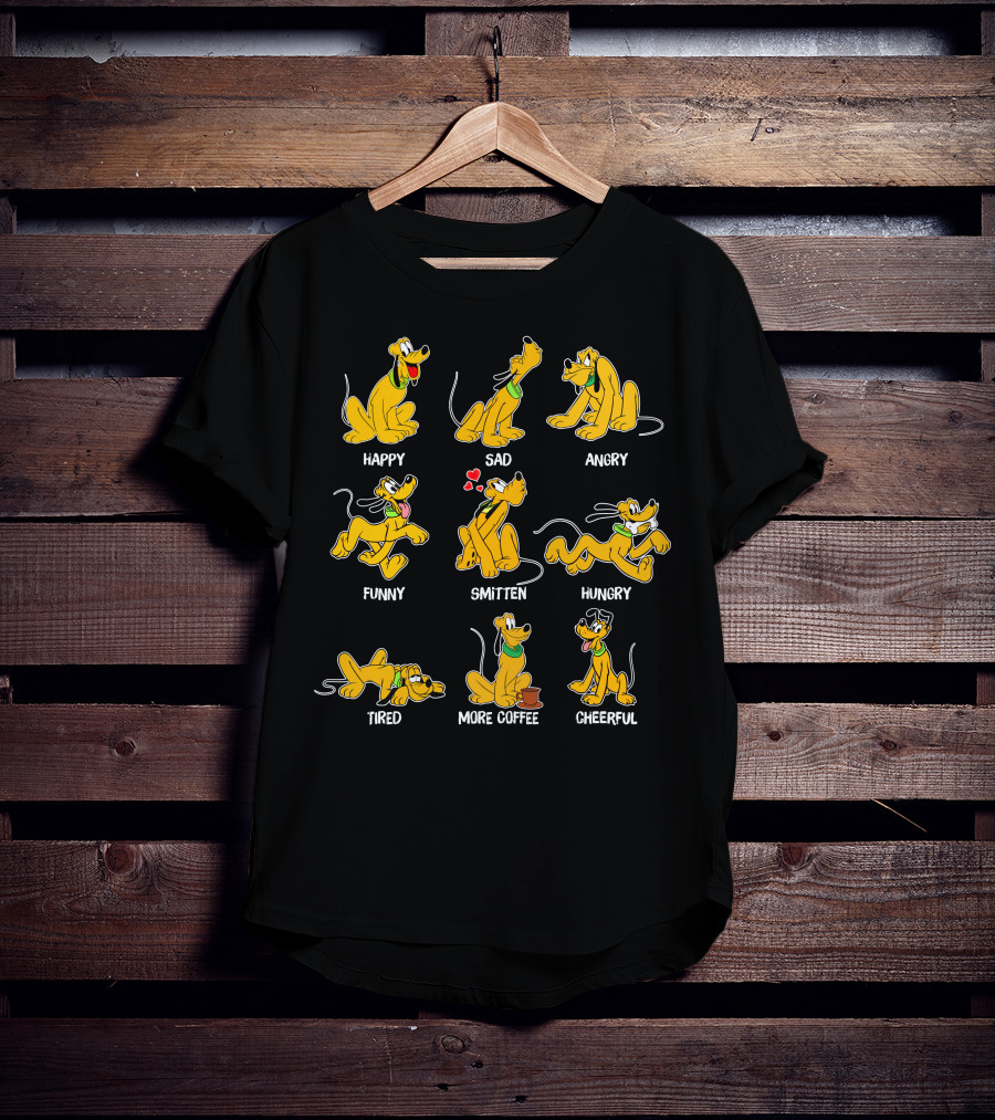 Pluto Moods Happy Sad Angry Funny Smitten Hungry Tired More Coffee Cheerful T-Shirt