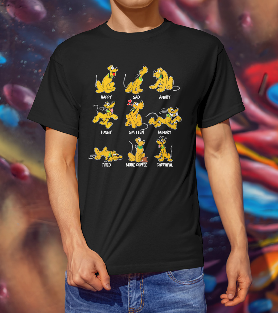 Pluto Moods Happy Sad Angry Funny Smitten Hungry Tired More Coffee Cheerful T-Shirt