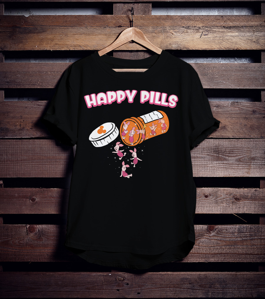 HAPPY PILLS Piglet Characters In Prescription Bottle T-Shirt