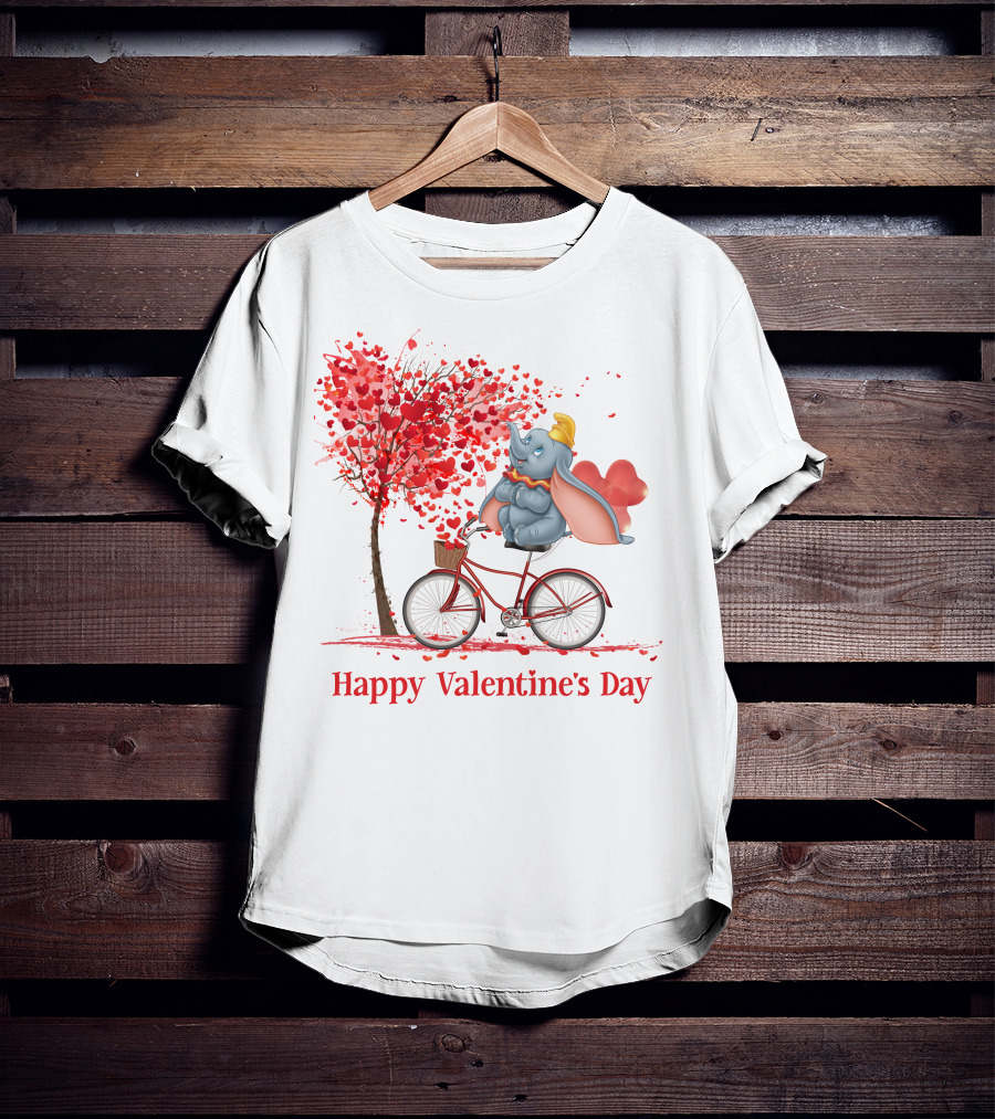 Happy Valentine's Day Dumbo With Hearts Bicycle T-Shirt