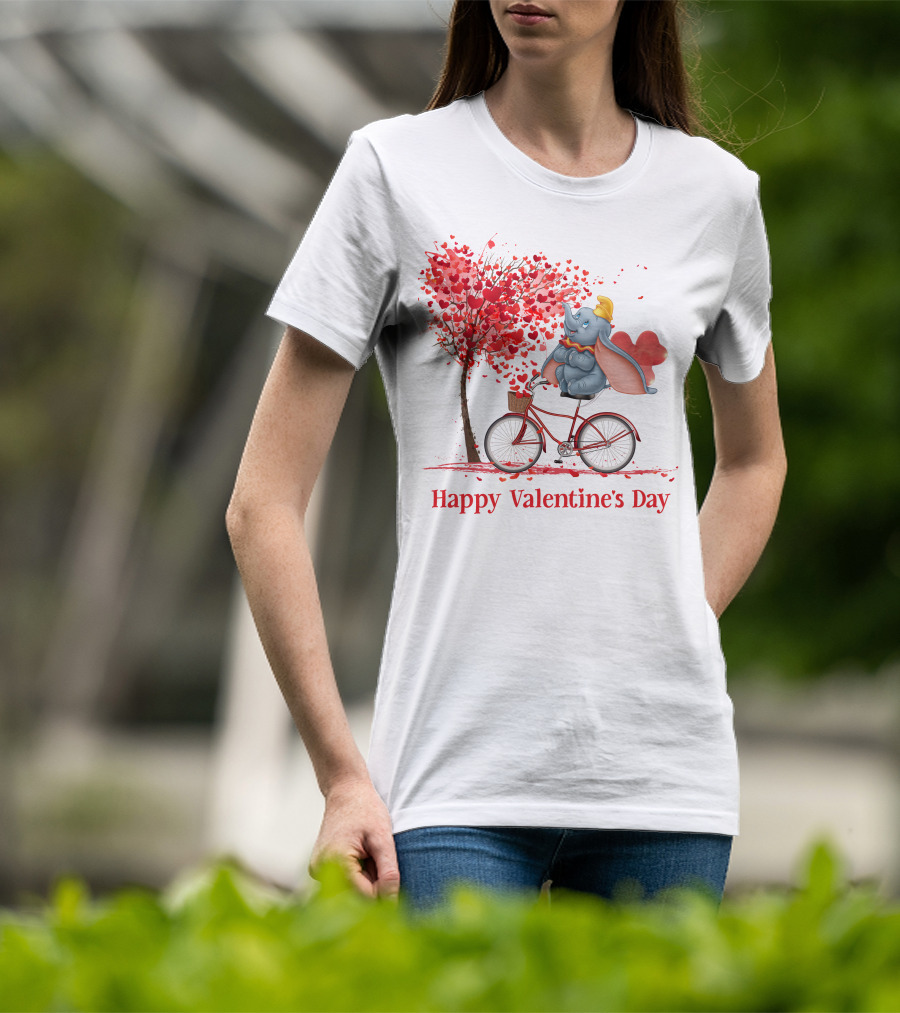 Happy Valentine's Day Dumbo With Hearts Bicycle T-Shirt