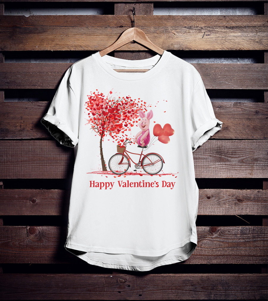 Happy Valentine's Day Piglet With Heart Balloons On Bicycle T-Shirt
