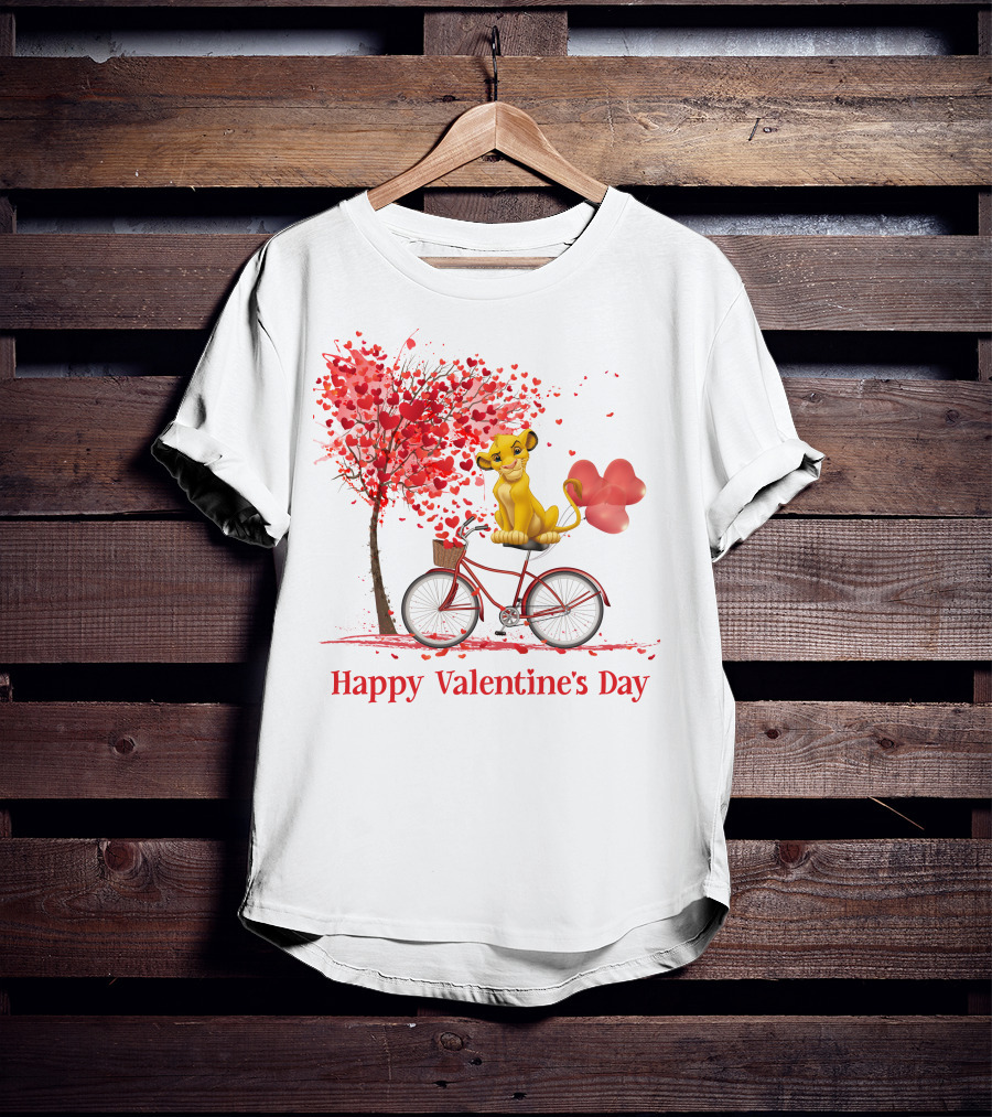 Happy Valentine's Day Cute Cartoon Character On Red Bicycle With Heart Balloons And Tree T-Shirt