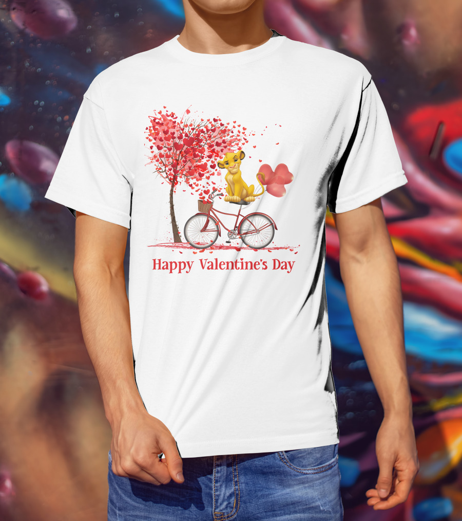 Happy Valentine's Day Cute Cartoon Character On Red Bicycle With Heart Balloons And Tree T-Shirt