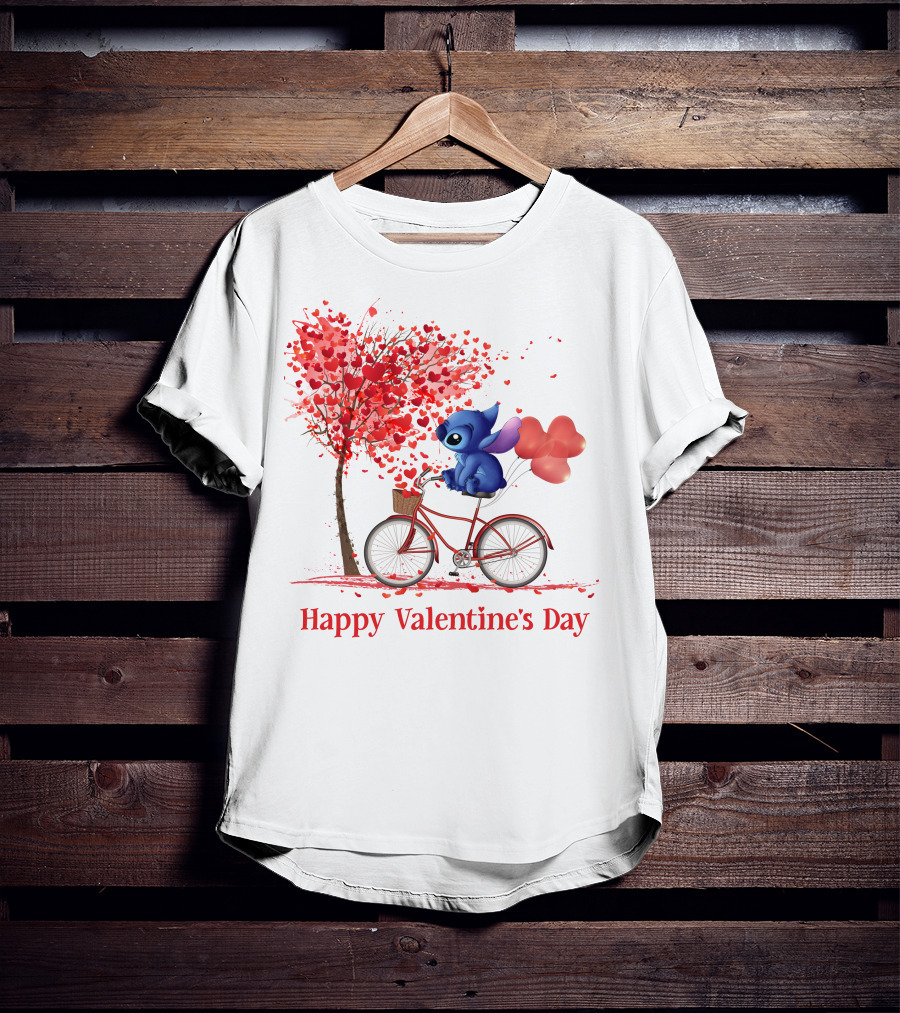 Happy Valentine's Day Stitch Bicycle Heart Balloons T-Shirt
