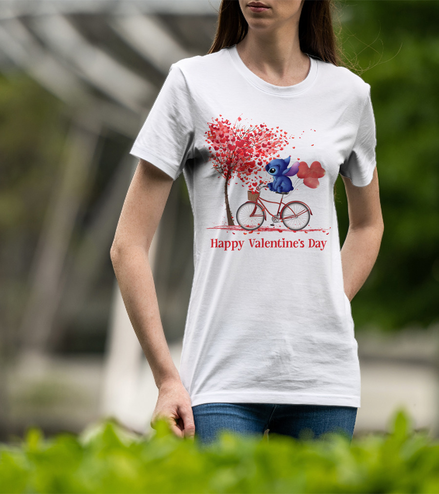 Happy Valentine's Day Stitch Bicycle Heart Balloons T-Shirt