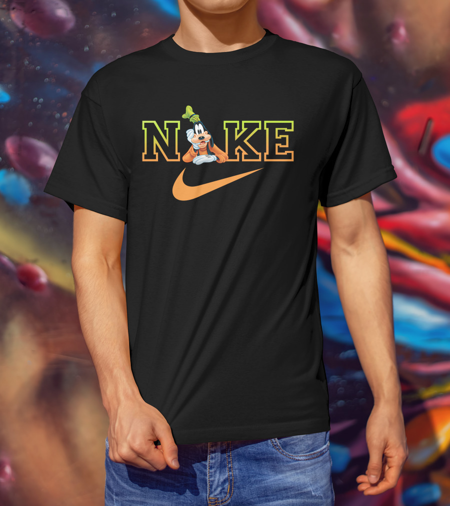 Goofy Nike With Orange Swoosh Logo And Green Hat T-Shirt