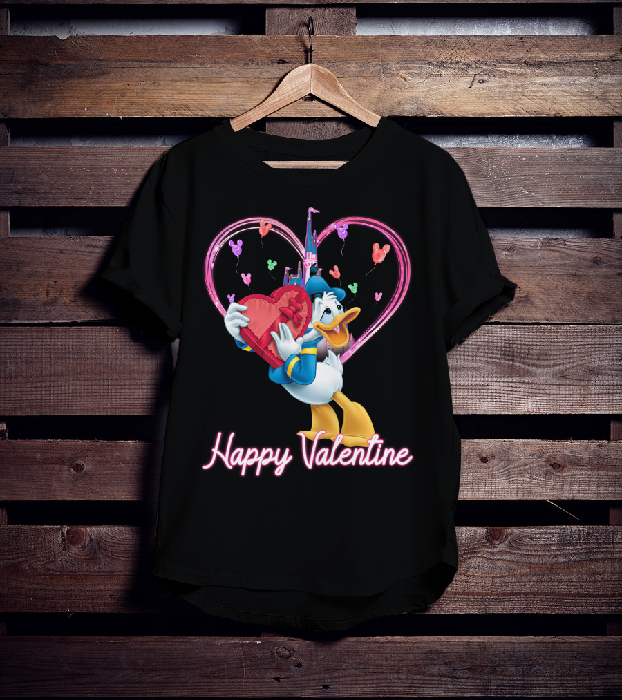 Donald Duck Happy Valentine Heart Balloons And Castle T-Shirt