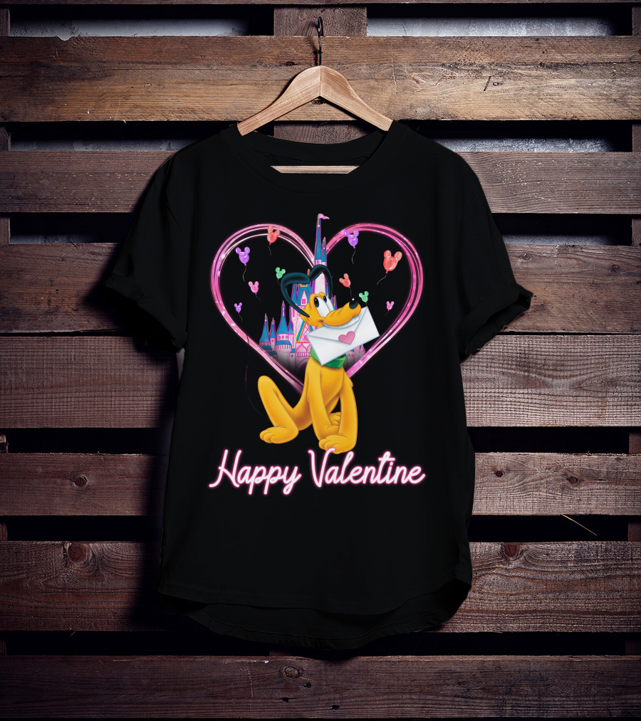 Happy Valentine Pluto Letter Heart Balloons Castle T-Shirt