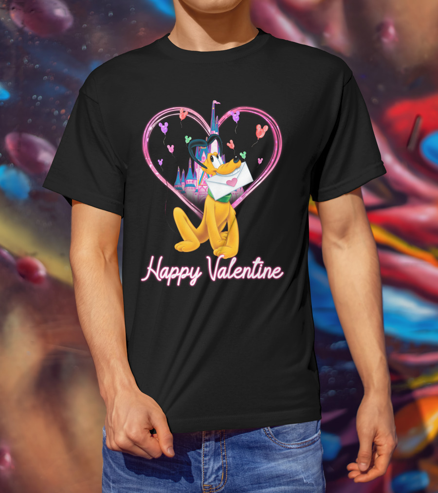 Happy Valentine Pluto Letter Heart Balloons Castle T-Shirt