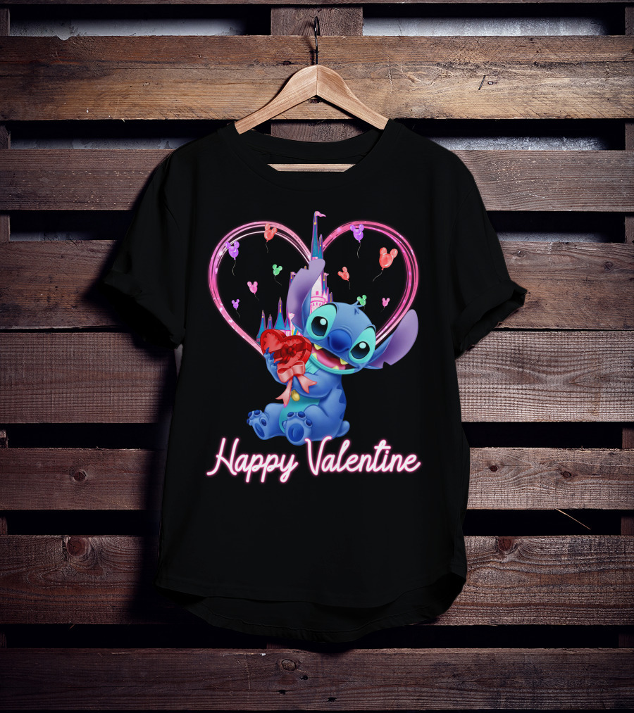 Happy Valentine Stitch Holding Heart With Castle And Balloons T-Shirt