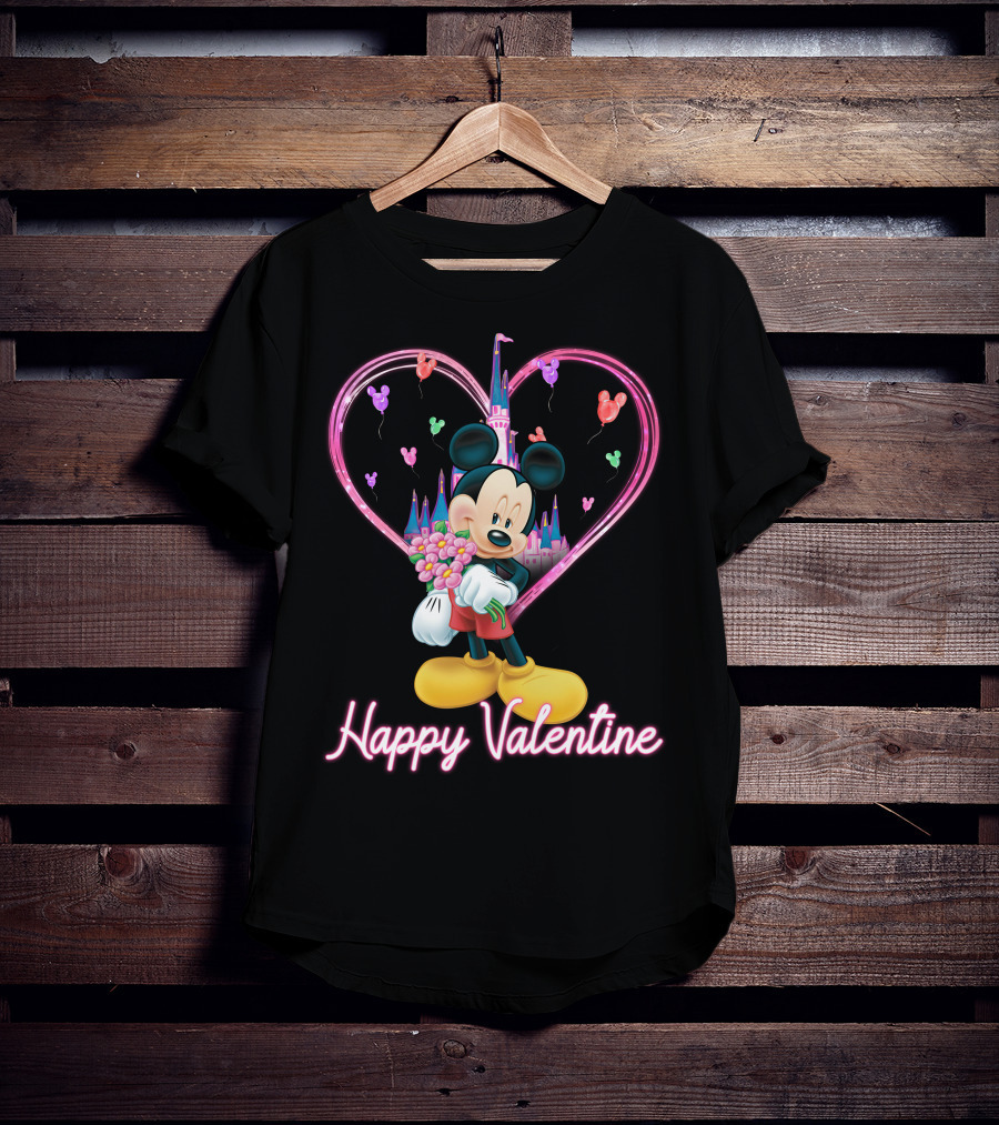 Happy Valentine Mickey Mouse Bouquet And Castle Balloons T-Shirt