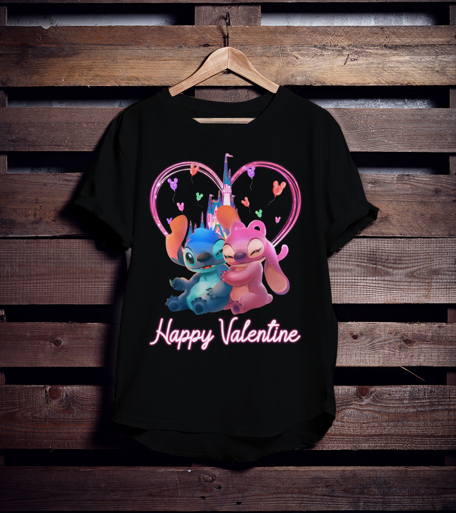 Happy Valentine Stitch Angel Castle Heart Balloons T-Shirt
