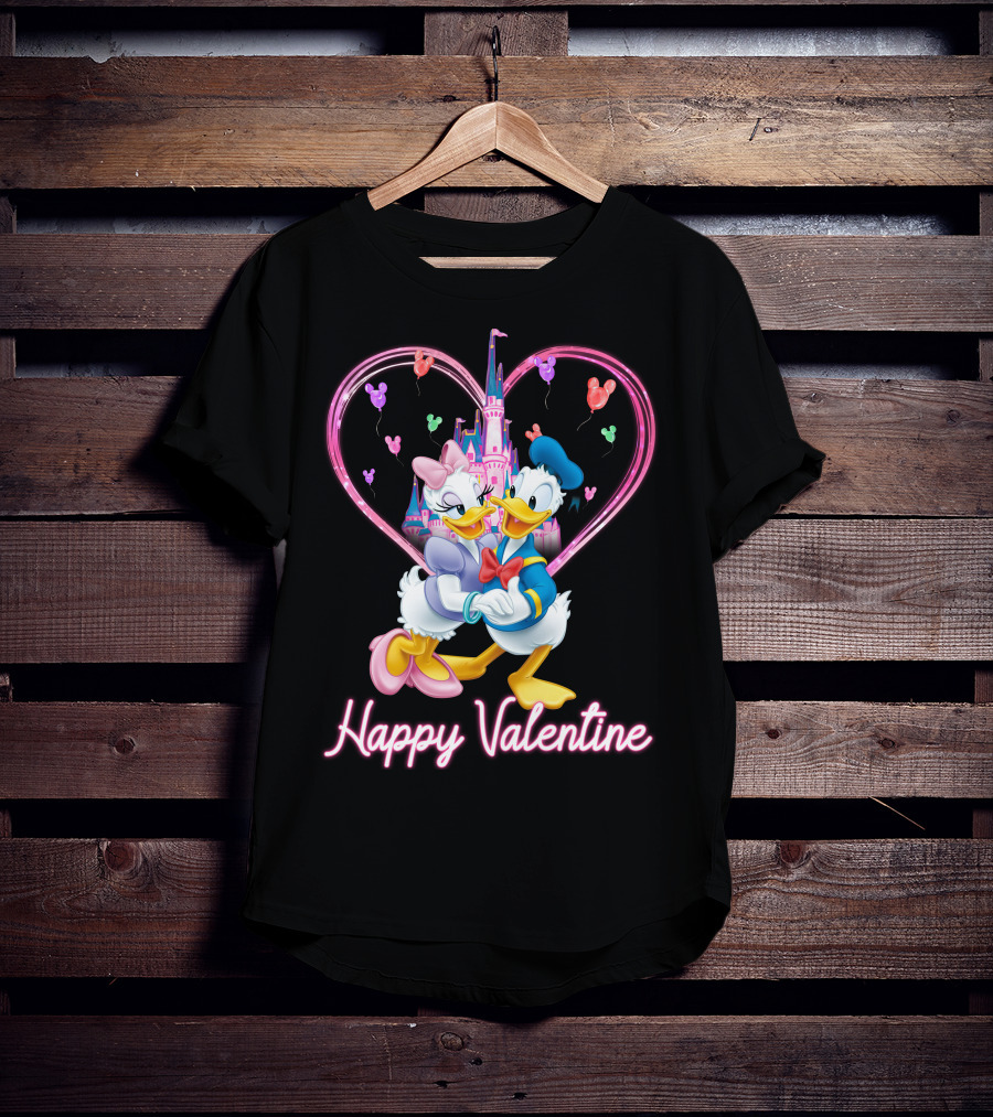 Happy Valentine Donald And Daisy In Front Of Heart Castle T-Shirt