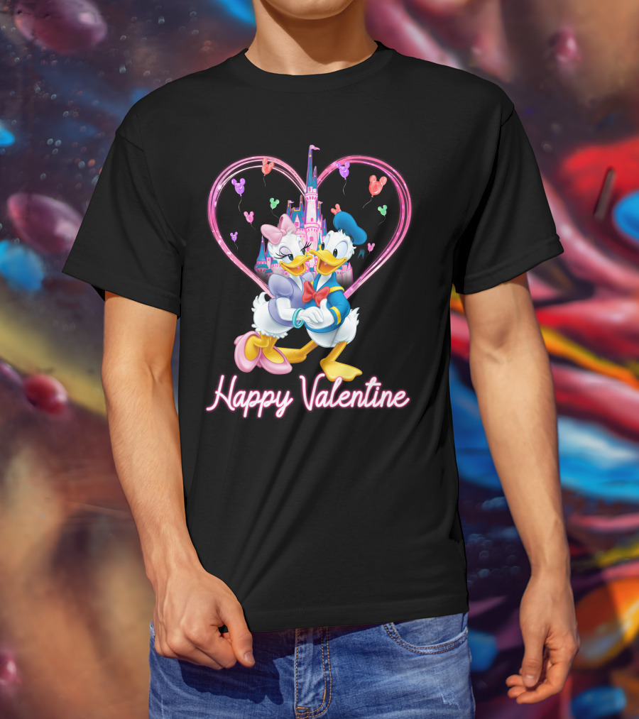Happy Valentine Donald And Daisy In Front Of Heart Castle T-Shirt