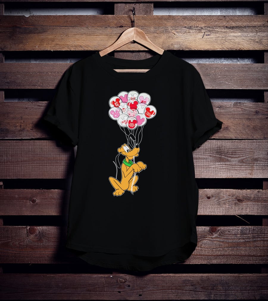 Pluto Holding Mickey And Minnie Balloons With Hearts And Xo Patterns T-Shirt