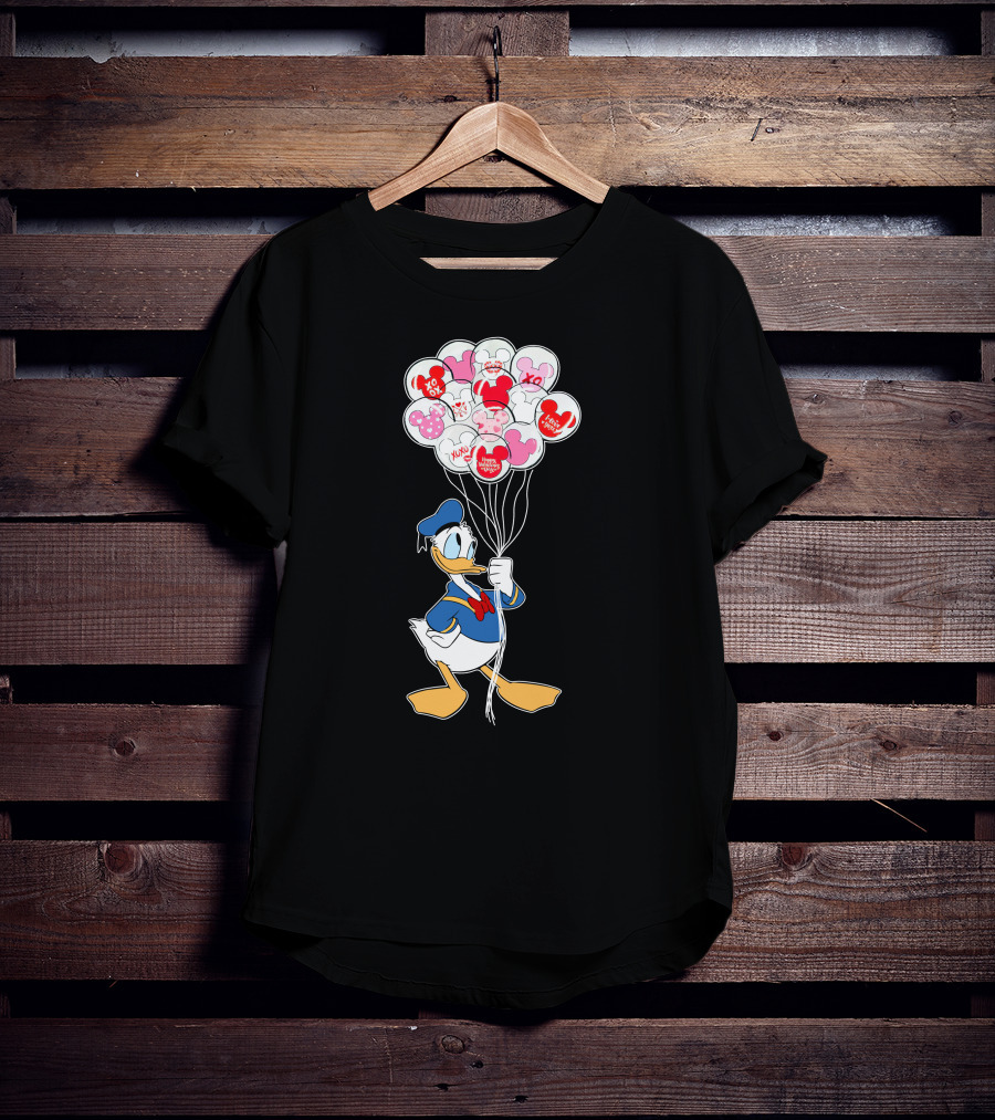 Donald Duck Holding Heart Balloons With Mickey Mouse And Minnie Icons T-Shirt