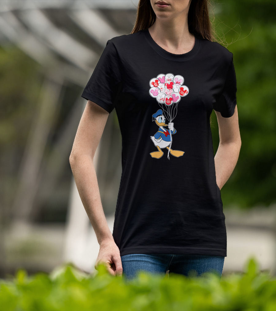 Donald Duck Holding Heart Balloons With Mickey Mouse And Minnie Icons T-Shirt