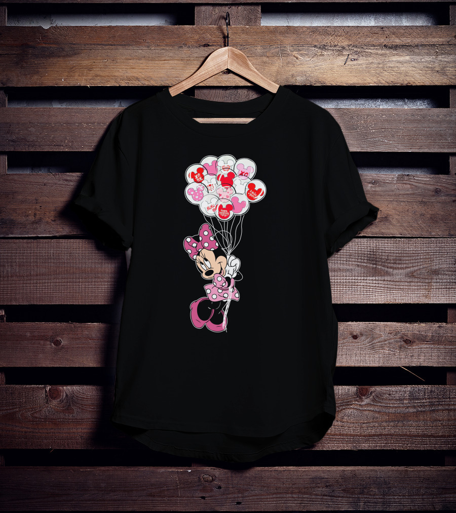Minnie Mouse Holding Heart Balloons With Xoxo And Hugs Kisses Patterns T-Shirt