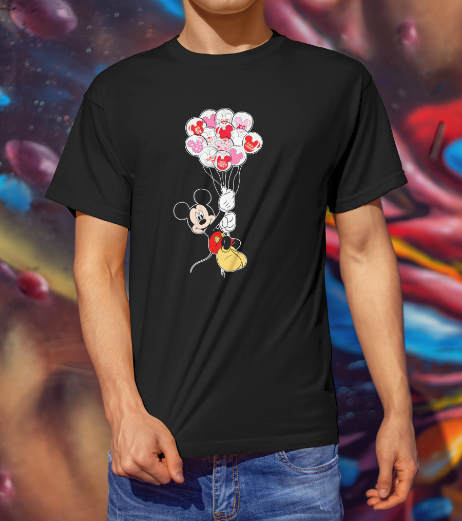 Mickey Mouse Holding Heart Balloons With Xo Love Messages T-Shirt