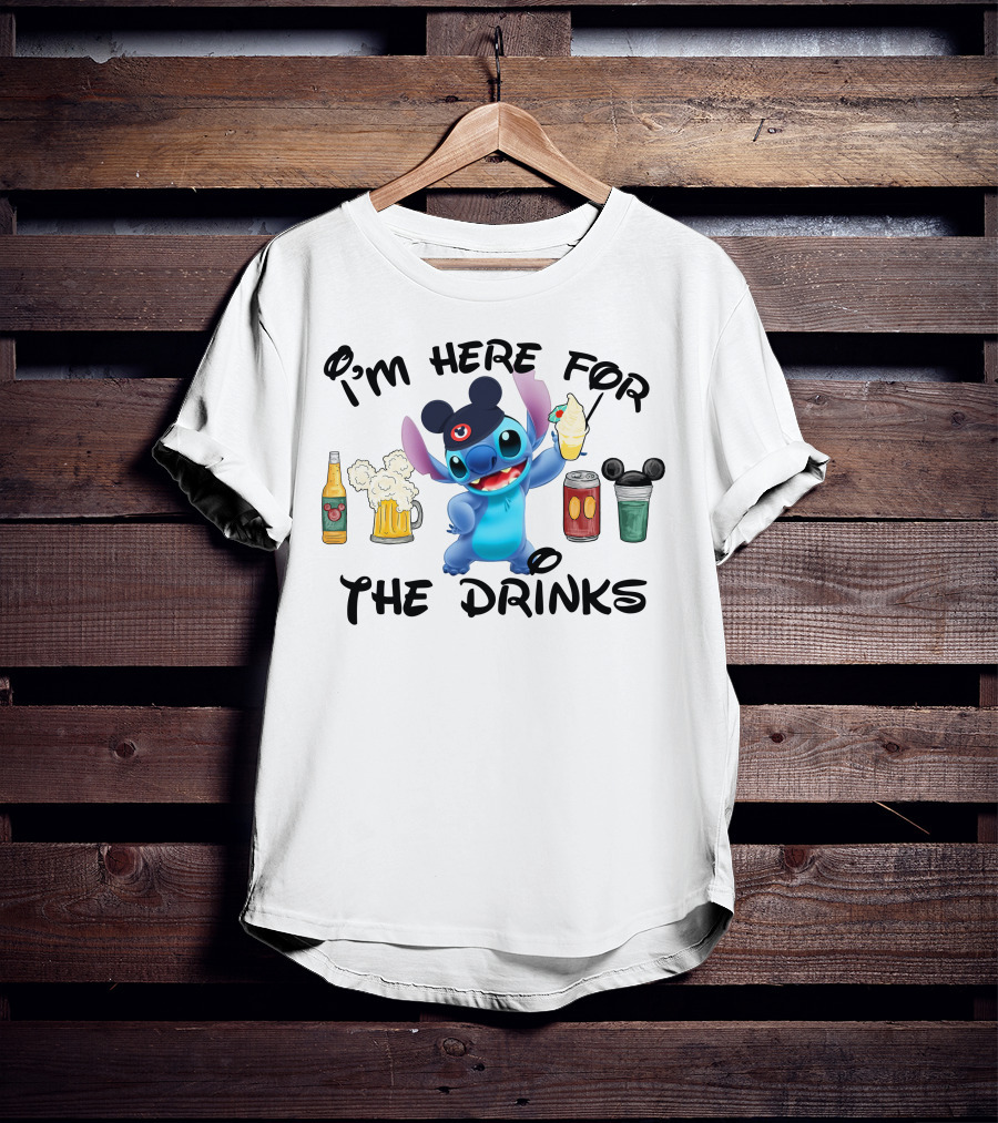 I'm Here For The Drinks Disney Stitch Hat Beer Cocktails T-Shirt