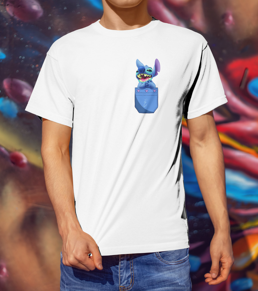 Stitch Pocket Smiling Face With Purple Ears T-Shirt