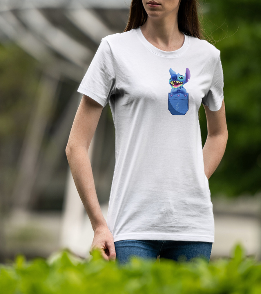 Stitch Pocket Smiling Face With Purple Ears T-Shirt